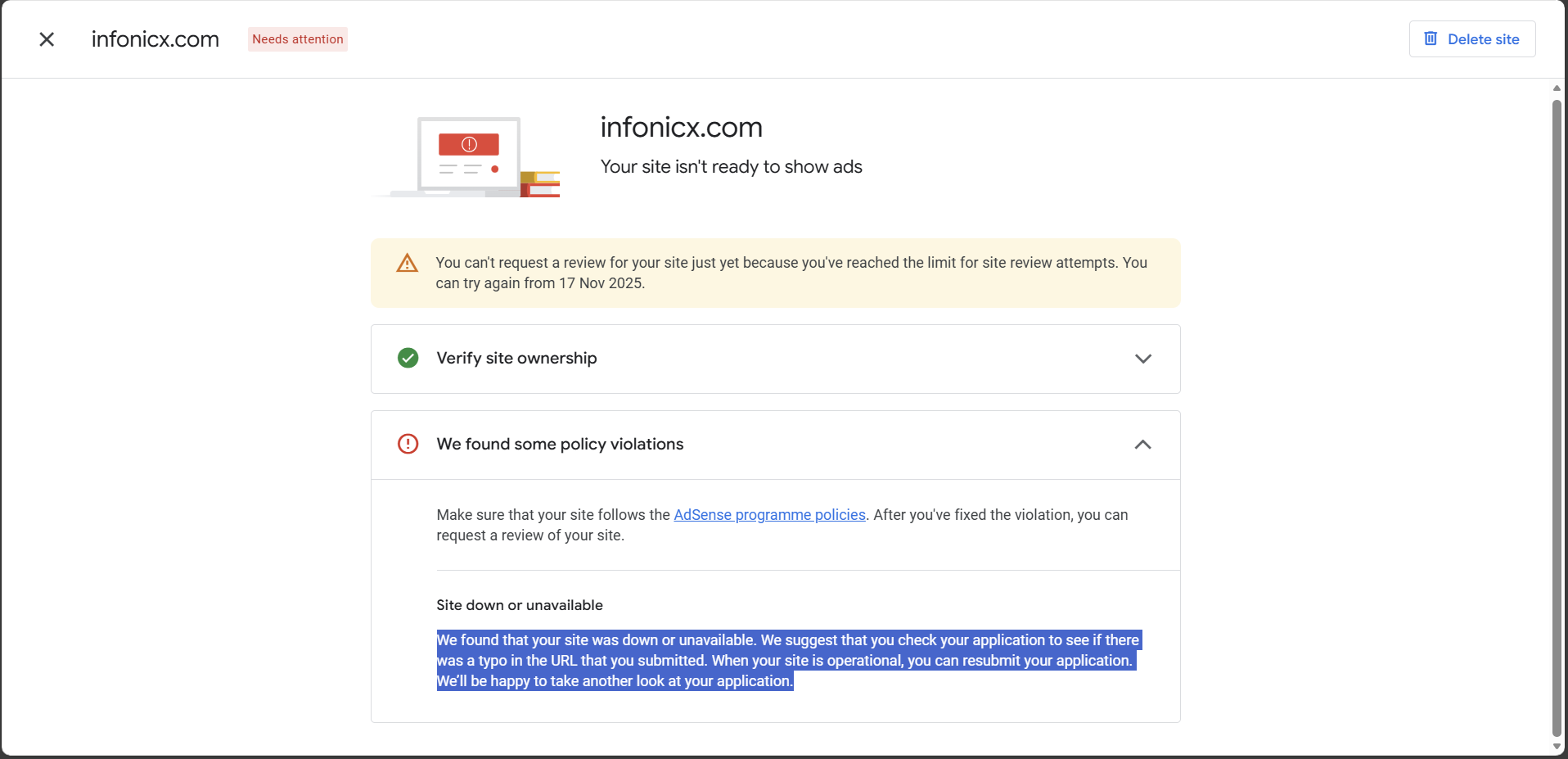 Error in Google AdSense: Fix “Site Down or Unavailable” (Full Working Guide)